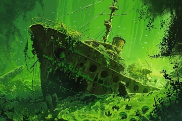 A painting depicting an eerie shipwreck surrounded by dense forest foliage. The ship is covered in green algae and appears forgotten, blending into the natural surroundings