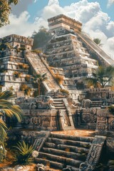 A painting depicting an Aztec pyramid complex nestled in a lush jungle setting. The pyramid is adorned with intricate stone carvings, showcasing the architectural prowess of the ancient civilization