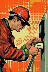 A man in a hard hat is working on a machine, specifically installing a charging station. He is focused on the task at hand, ensuring the proper installation of the equipment