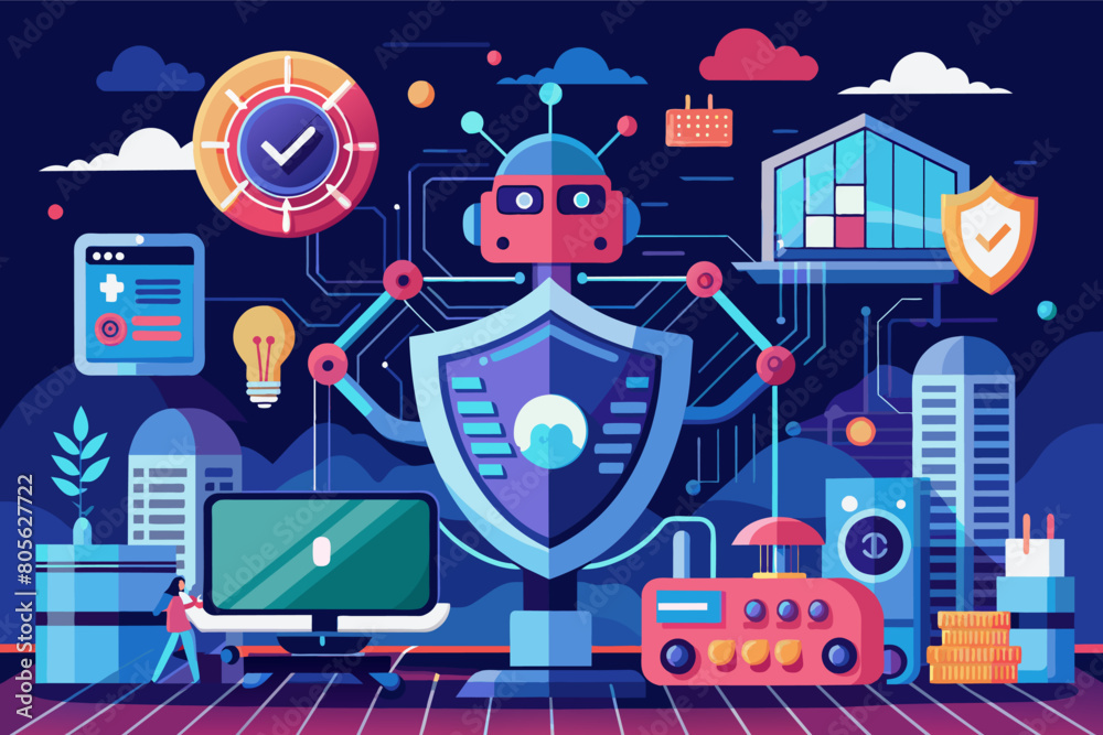 Fototapete illustration of a robot interacting with various smart devices and digital interfaces, surrounded by icons representing connectivity and technology in a stylized, vibrant nighttime cityscape.