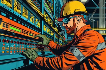 A man in a hardhat is focused on working on a switch panel for power distribution. He is meticulously checking and adjusting various components to ensure proper functioning and safety