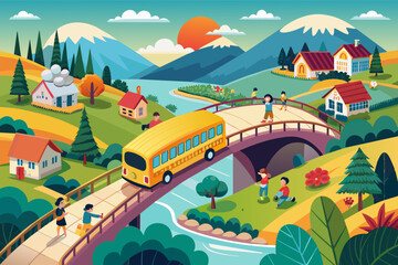 Colorful illustration of a rural landscape scene, featuring a school bus crossing a bridge over a river, children walking and playing, and houses nestled among rolling hills and mountains