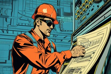 A man in a hard hat and sunglasses is working on a machine, focused on designing a power factor enhancer. The engineer is carefully adjusting components to improve the machines efficiency