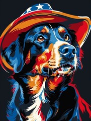 Colorful Patriotic Dog Wearing American Flag Hat Illustration.