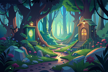Illustration of an enchanting forest at twilight, featuring a winding path, a stream, mystical trees, and lanterns illuminating the scene. A small wooden door is built into a tree trunk.