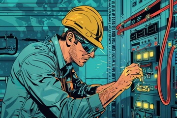 A man in a hardhat is seen working on an industrial machine, possibly repairing an electrical fault. He is focused and engaged in his task, ensuring the proper functioning of the equipment