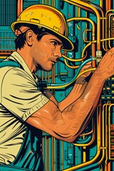 A man wearing a hard hat is actively engaged in working on a machine, likely as an electrical engineer designing an integrated build. The scene depicts focused and skilled labor