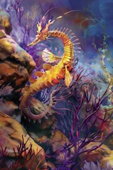 A vibrant yellow seahorse is perched on top of a coral structure underwater, blending in seamlessly with its surroundings. The seahorse displays distinct features against the textured coral backdrop