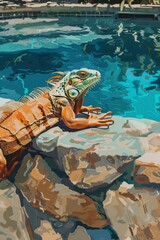 A painting depicting an iguana basking on a rock next to a pool of water. The lizard is shown in a natural habitat, absorbing warmth from the sun
