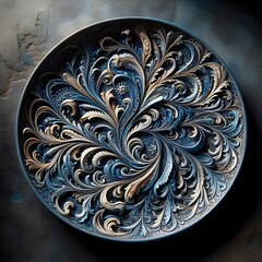 Elegant stoneware decorative plate in blue tones.
