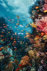 A diverse group of fish swims over a vibrant coral reef in the ocean. The colorful fish are seen interacting with the intricate coral structures, creating a lively underwater scene