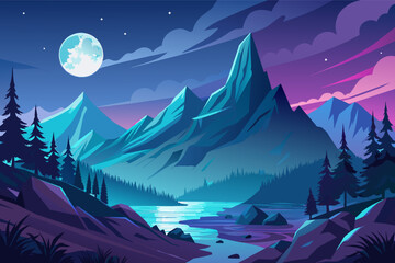 Illustration of a vibrant, stylized mountain landscape at night, featuring sharp peaks, a reflective lake, and a full moon in a purple and blue sky.