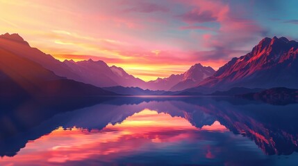 Majestic mountain range silhouetted against a vibrant sunset sky, reflecting in a tranquil lake...