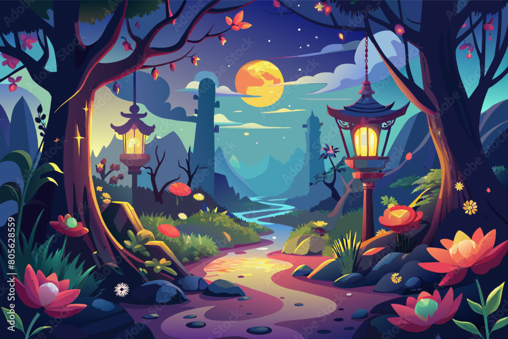 Poster illustration moonlit landscape with vibrant colors, featuring a path through a forest leading to a t