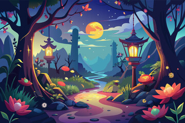 Illustration moonlit landscape with vibrant colors, featuring a path through a forest leading to a traditional Asian temple. The scene is adorned with red lanterns hanging from trees and a large