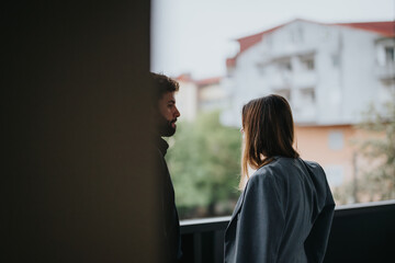 A man and woman, possibly coworkers, engaged in a relaxed conversation on a balcony with a blurred...
