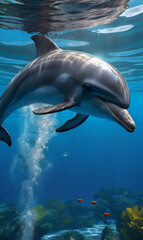 A dolphin swimming in the warm waters of the ocean.