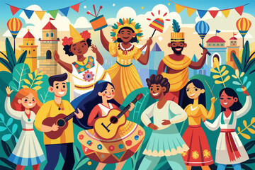 Colorful illustration of a lively outdoor festival with diverse people participating in music, dance, and food preparation, surrounded by decorations and botanical elements.