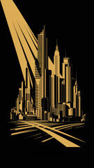 Golden Skyline Silhouette: Urban Cityscape with Radiant Light Beams.