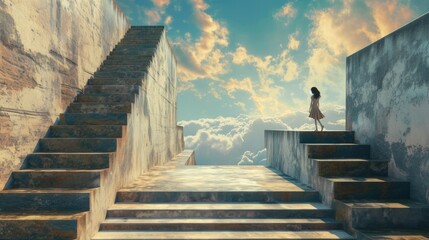The picture of the young or adult female human doing the walking pose or the standing pose at the stair for exploration the fantasy space that shine with the bright light from sun in daytime. AIGX03.