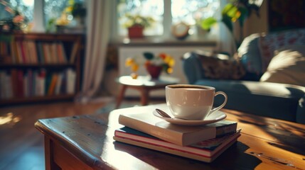 A cup of coffee on the living room table