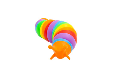 Multicoloured anti-stress plastic slug. Sensory toys for children. Flexible multicoloured toy without background. A game for developing imagination and fine motor skills.