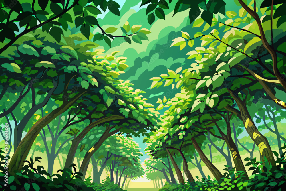 Poster illustration of a lush forest pathway surrounded by dense green trees and sunlight filtering through