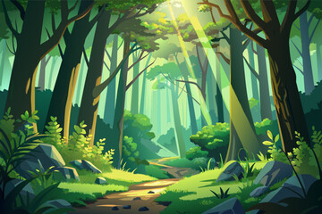 Illustration of a serene forest path with sunbeams filtering through dense trees, highlighting vibrant green foliage and scattered rocks.