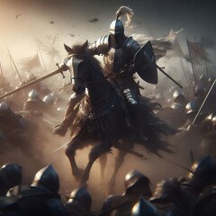 Motion blur effect cavalry knight amidst the battlefield.