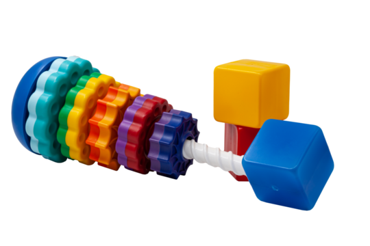 Multicoloured plastic round discs for children's pyramid game. Three plastic multicoloured cubes stand side by side. Discs with wavy edges for small children to play without background. One to one. Hi