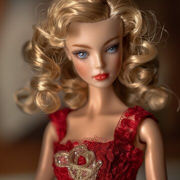 Una imagen de una despampanante mu&ntilde;eca rubia con caireles y un lindo vestido rojo