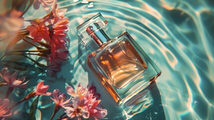 Glass perfume bottle with vibrant flowers submerged in turquoise water. Vibrant product photography for beauty campaigns