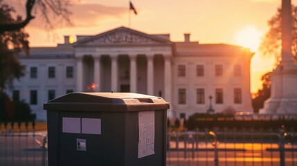 A ballot box adorned with symbols of democracy, positioned between the iconic landmarks of the White House and the Supreme Court