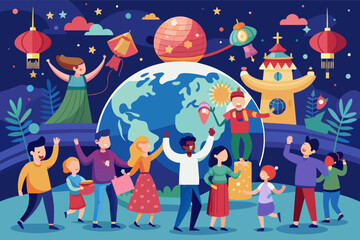 Illustration of a diverse group of people celebrating a global festival with dancing, music, and traditional foods under a starry night sky