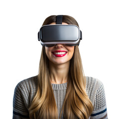 Smiling Woman Experiencing Virtual Reality With VR Headset Against White Background