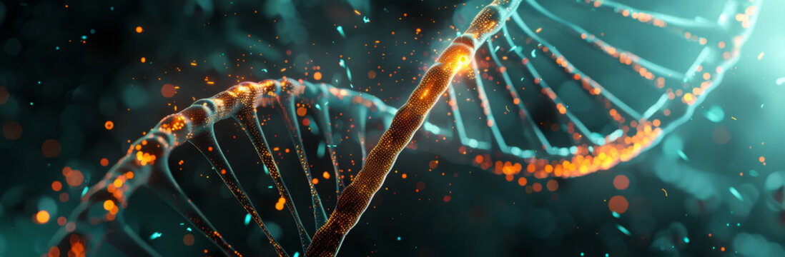 Abstract double helix of DNA with glowing particles on dark background, futuristic bi Roxie and stock photo, AI smooth render, turquoise color