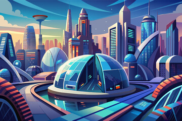 Vibrant digital artwork of a futuristic city at sunset with stylized buildings, a central dome structure, and elevated roadways under a colorful sky.