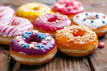 Colorful Assortment of Decorated Doughnuts on a Rustic Wooden Table