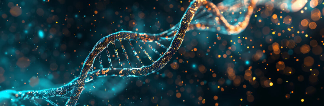 Abstract double helix of DNA with glowing particles on dark background, futuristic bi Roxie and stock photo, AI smooth render, turquoise color