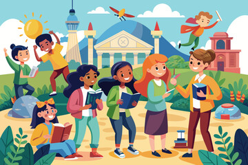 Colorful illustration of a group of diverse students with books and tablets in front of stylized ancient Greek architecture, under a starry sky with a flying rocket and an owl.