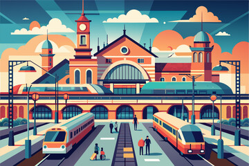 Colorful, stylized illustration of a bustling train station with a modern red train arriving and an old-fashioned green tram departing, framed by historical buildings with domes and towers,