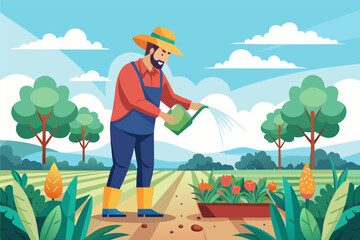 Illustration of a bearded farmer wearing a hat and overalls, watering plants in a lush garden with varied vegetation, set against a backdrop of trees and mountains under a clear sky.