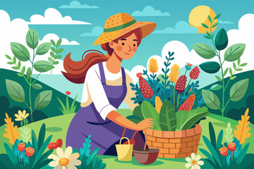 Illustration of a smiling woman with dark hair wearing a wide-brimmed hat and blue overalls, holding a pot of colorful flowers in a lush garden with various plants and a small bird.