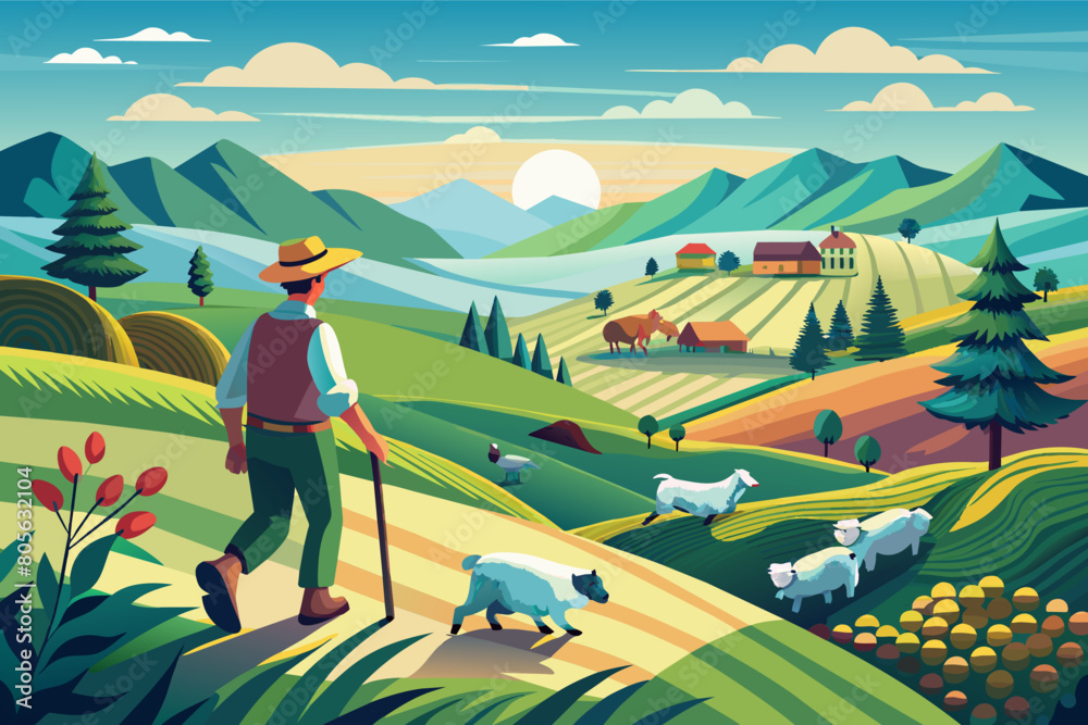 Wall mural a farmer herding a flock of sheep across a picturesque countryside landscape