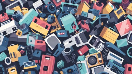 Dense clutter of various modern and retro electronic devices and household items in a dark blue theme