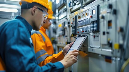 Electrical Engineer team working front control panel, An electrical engineer is installing and using a tablet to monitor the operation of an electrical control panel in a factory service