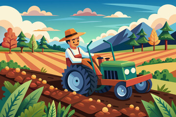 Illustration of a farmer driving a tractor in a field, harvesting potatoes, with a backdrop of mountains and trees under a clear sky.