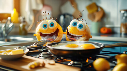Two cartoon egg yolks characters are preparing a dish - obrazy, fototapety, plakaty