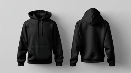 A black hoodie with a hood is shown on a light grey background. Blank Mockup template design, presentation for print.	