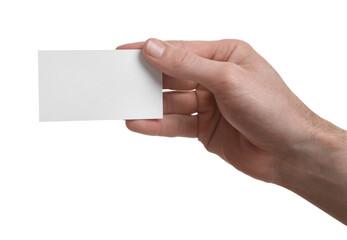 Man holding blank business card on white background, closeup